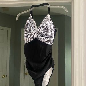 Black and White Halter One-Piece Swimsuit Medium